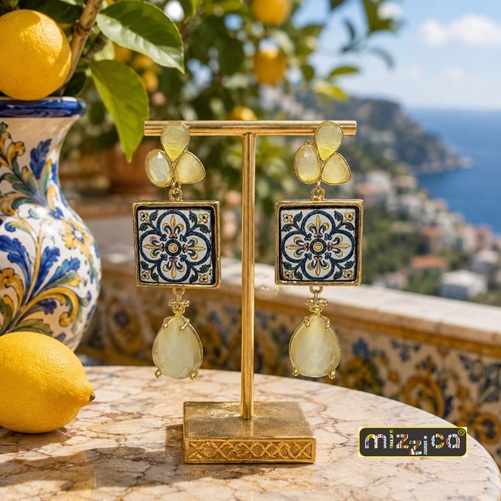 Orecchini Maiolica in Pietra Lavica Ceramizzata con Cristalli - immagine 3