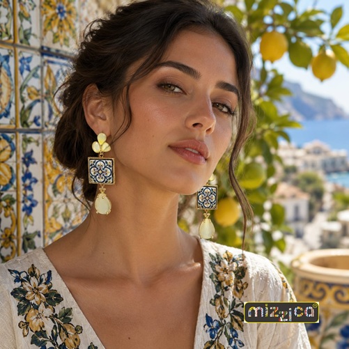 Orecchini Maiolica in Pietra Lavica Ceramizzata con Cristalli - immagine 2