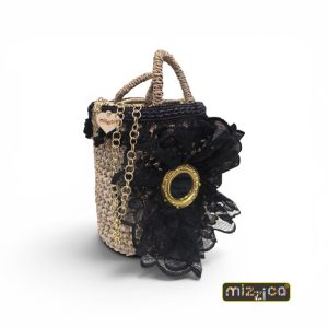 Borsa a Secchio in Paglia con Pizzo Nero e Specchio in Ottone